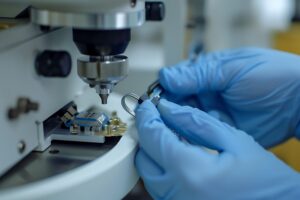 gloved-hand-carefully-manipulates-small-piece-equipment-lab-setting-with-precision-tool-positioned